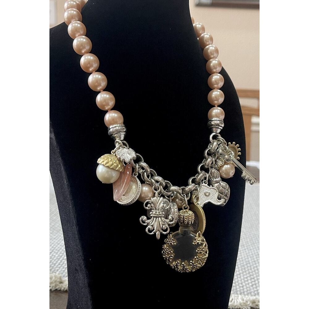 Vintage Carolee Faux Pearl Gold Silver Perfume Bottle Charms Necklace 16” MINT